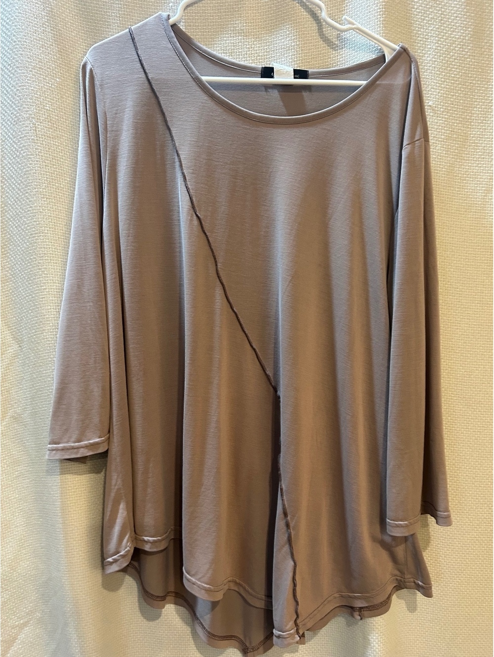 Yushi Taupe Long Sleeve Asymmetric Seam Tunic Top Size Large